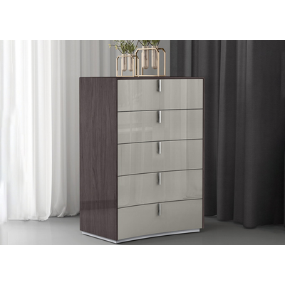 WhiteLine Berlin Chest of Drawers, High Gloss Chestnut Lacquer ILP-1026-5HG, 5 Self-Closing Drawers in High Gloss Light Grey Lacquer ILP-8890213HG and Chrome Handles., 0696576757242, CD1754-CNUT/LGRY