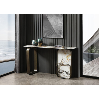 WhiteLine Kora Console, 8mm Glass and 6mm Ceramic White Top FER-YQG271206-062, Brushed Bronze Steel Base., 0696576755910, CO1884-WHT/BLK/GLD