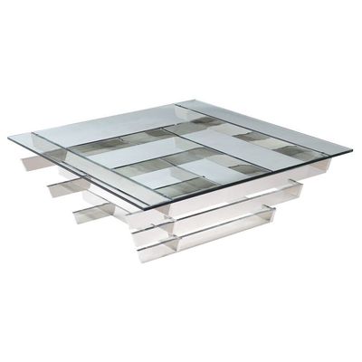 Whiteline Imports Aura Coffee Table, Square Clear Glass, Stainless Steel Base CT1376