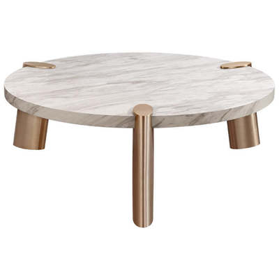 Whiteline Imports Mimeo Large round Coffee Table, White Marble Paper top, Legs  brushed stainless steel. CT1657L-MAR