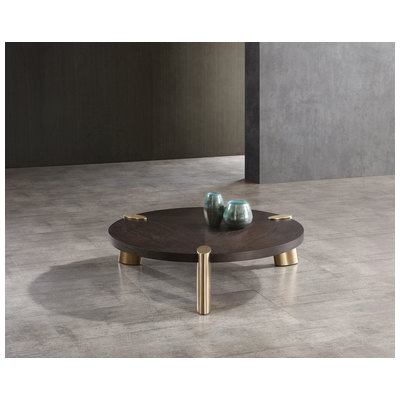 Whiteline Imports Mimeo round Coffee Table, Wengee veneer top, brushed stainless steel in brass. CT1657-WNG