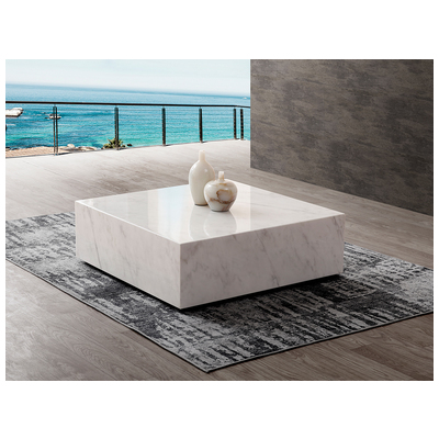 Whiteline Imports Cube Square Coffee table White Marble high gloss, with casters CT1667-WHT