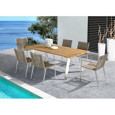 WhiteLine Rhea Outdoor Dining Armchair, Structure and Legs in Silver Stainless Steel AUG-304, Armrests in Teak Wood, Seat and Back in Light Brown Weaving Rope AUG-OL6. Set of 4., 0696576755248, DAC1834-LBRN