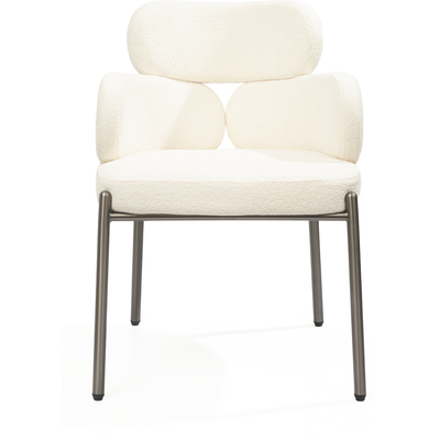 WhiteLine Adele Dining Armchair, in White Boucle Fabric BIX-RHEIN01A, with Elastic Webbing Seat, and Brushed Gun-Black BIX-SS07 Stainless Steel Base Frame., 0696576760754, DAC2036F-WHT