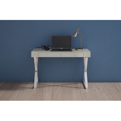 WhiteLine Elm Large Desk , High Gloss Light Grey Lacquer ILP-8890213 HG with Two Drawers, Polished Silver Stainless Steel Base., 0696576756542, DK1205L-LGRY
