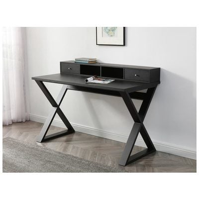 Whiteline Imports Michael Desk, Dark Wengee, 2 drawers and 2 open shelves with black metal legs DK1648-WNG