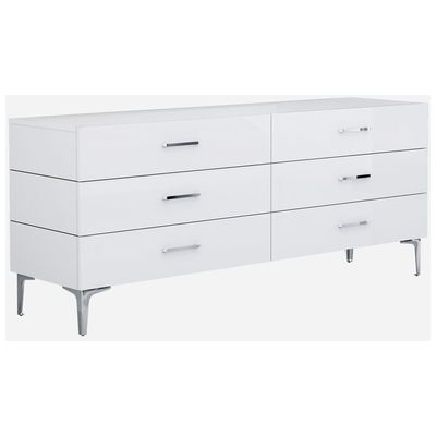 Whiteline Imports Diva Dresser Double, High Gloss White, 6 Self-close Drawers, Chrome Handles, Stainless Steel Legs DR1345D-WHT
