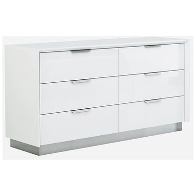 Whiteline Imports Navi Dresser Double, High Gloss White With Stainless Steel Trim, 6 Drawers With Self-close Runners, Stainless Steel Handles DR1354-WHT