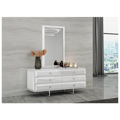 Whiteline Imports Abrazo Dresser high gloss white 6 self-close drawers with geometric design chrome handles DR1356D-WHT