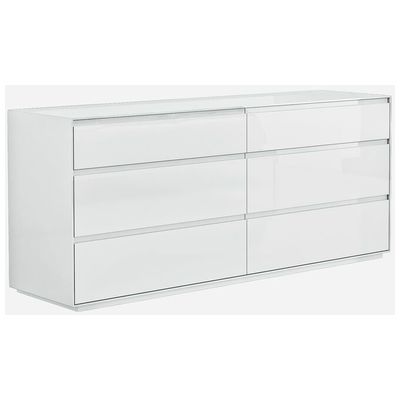 Whiteline Imports Malibu Dresser, High Gloss White, 6 Self Close Drawers DR1367-WHT