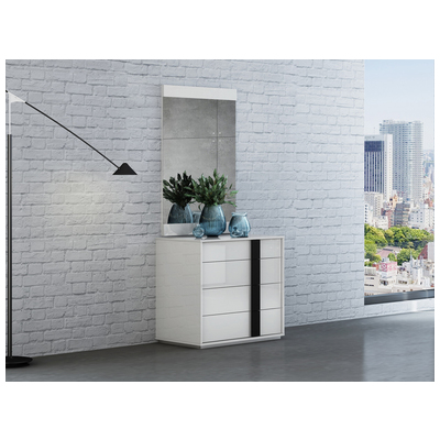 Whiteline Imports Kimberly Single Dresser, High Gloss White with self closing runners, handle in matte black DR1617S-WHT/BLK
