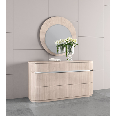 WhiteLine Waves Double Dresser, High Gloss Beige Lacquer  ILP-8273-2HG, 6 Self-Closing  Drawers and Silver Stainless Steel Stripe., 0696576754890, DR1753-BEI