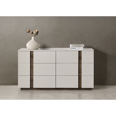 WhiteLine Romina Dresser, Light Grey Lacquer TCA-3414-LGRY, 6 Self-Closing Drawers with Inner Handles in Walnut Veneer TCA-53 Acik Hareli Ceviz, 0696576760433, DR2020-LGRY/WLT