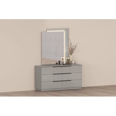 WhiteLine Damien Dresser, High Gloss Light Grey ILP-8890213HG, 6 Self-Closing Drawers  and Matt Black Handles., 0696576760396, DR2022-LGRY/BLK
