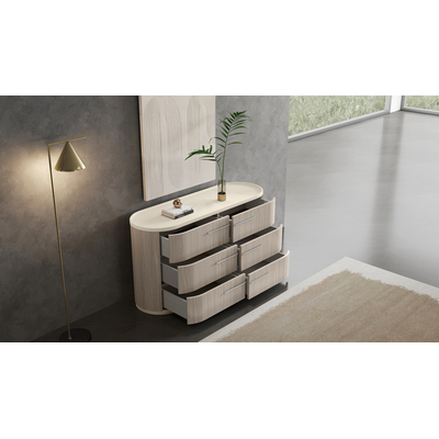WhiteLine Celine Double Dresser, Six Soft Close Drawers.Top & Base in Beige Matte Lacquered ILP-8920084AMA-LQR-BEI,  Body in White Oak Finish ILP-B82692MA-V-OAK, With Silver Stainless Steel Handles., 0696576761638, DR2081-BEI
