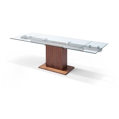 Whiteline Imports Pilastro Extendable Dining Table 10mm Tempered Clear Glass Top, Stainless Steel Frame, Walnut Veneer Base DT1275-WLT