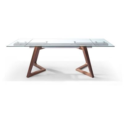 Whiteline Imports Delta Extendable Dining Table 10mm Tempered Clear Glass Top, Stainless Steel Frame, Poplar Wood With Walnut Veneer Base DT1276-WLT