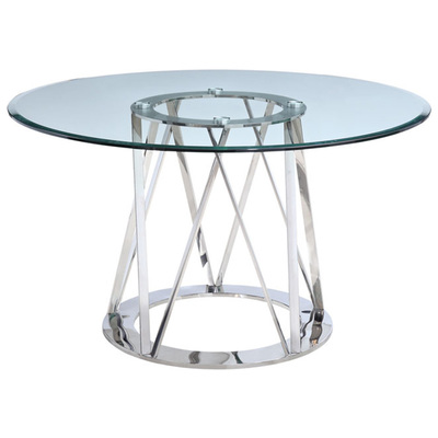 Whiteline Imports Hanover Round Dining Table, 12mm Tempered Clear Glass Top, Polished Stainless Steel Base DT1468