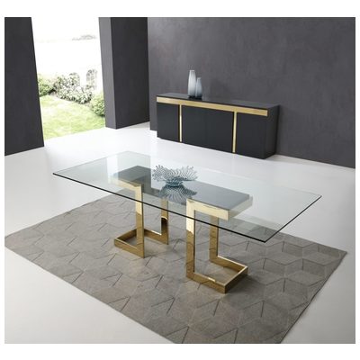 Whiteline Imports Sumo Rectangle Dining Table, 12mm clear tempered glass top, polished gold stainless steel base, ... DT1658-BLK