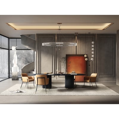 WhiteLine Heidi Rectangular Dining Table, Black Oak Veneer EPI-1608, Twin Pedestals Base with Ribbed Details and Bottom Rings in Gold Brushed Brass EPI-I005., 0696576756054, DT1842-BLK