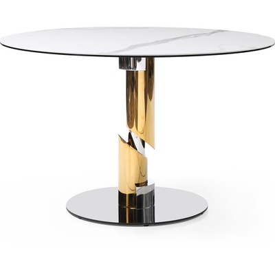 WhiteLine Gloria Round Dining Table, 8mm Glass and 6mm White Ceramic Top FER-5501, Polished Silver and Gold Stainless Steel Base., 0696576756788, DT1935-WHT