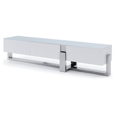 Whiteline Imports Blake Tv Unit 5mm Tempered Cryatal Frosted Glass Top, Matte White, Polished Stainless Steel Base. EC1439-WHT