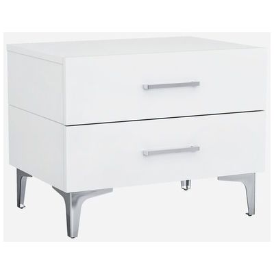 Whiteline Imports Diva Night Stand, High Gloss White, Chrome Handles, Self-close Drawers, Stainless Steel Legs NS1345-WHT
