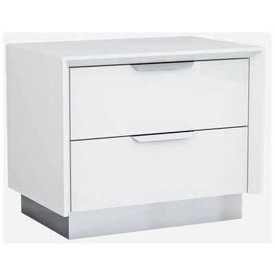 Whiteline Imports Navi Night Stand, High Gloss White With Stainless Steel Trim, 2 Drawers With Self-close Runners, Stainless Steel Handles NS1354-WHT