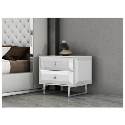 Whiteline Imports Abrazo Night Stand high gloss white 2 self-close drawers with geometric design chrome NS1356-WHT