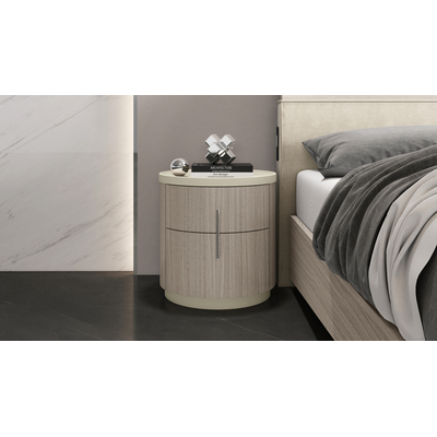 WhiteLine Celine Nightstand, Two Soft Close Drawers. Top & Base in Beige Matte Lacquered  ILP-8920084AMA-LQR-BEI , Body in White Oak Finish ILP-B82692MA-V-OAK, With Silver Stainless steel Handles., 0696576761621, NS2081-BEI