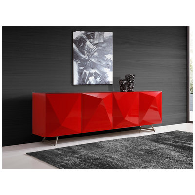 Whiteline Imports Samantha Buffet High Gloss Red, Design On Doors And Metal Legs With Brushed Nickel Finish  SB1193-RED