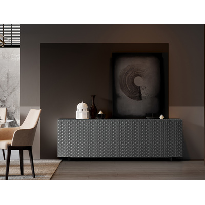 WhiteLine Harper Large Buffet, Matt Dark Grey Lacquer EPI-1712, with 3D Geometric Door Cabinet Design, Inner Shelves, Black Powder-Coated Steel Base., 0696576755965, SB1643L-DGRY