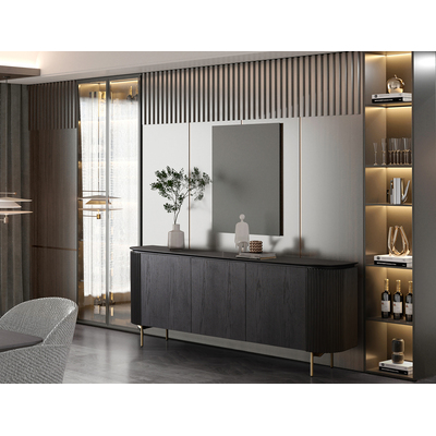 WhiteLine Heidi Buffet, Black Oak Veneer EPI-1608, with Ribbed Sides Design, Inner Drawer and Shelves, Handles and Legs in Brushed Brass EPI-I005, 0696576756061, SB1842-BLK