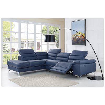 Whiteline Imports Johnson Sectional, Chaise On Left When Facing, Navy Blue Top Grain Italian Leather, Electric Recliner Function, Adjustable Headrests,  Stainless Steel Legs. SL1349L-NVY
