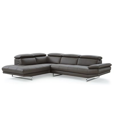 Whiteline Imports Pandora Sectional, Chaise On Left When Facing, Dark Gray Top Grain Italian Leather, Adjustable Headrests, Stainless Steel Legs. SL1351L-DGRY