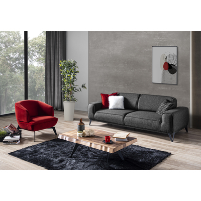 WhiteLine Bursa Sofa Bed, Dark Grey Fabric TCA-Gina6161, 3 Decorative Pillow in White Feather, Red Velvet and Black Linen, Legs in Matt Black Powder Coated Steel., 0696576754975, SO1755F-DGRY