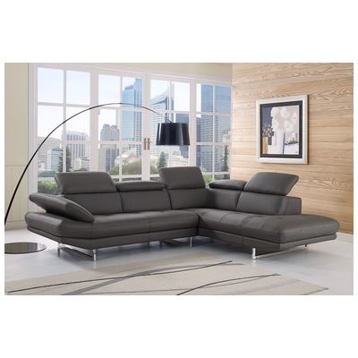 Whiteline Imports Pandora Sectional, Chaise On Right When Facing, Dark Gray Top Grain Italian Leather, Adjustable Headrests,  Stainless Steel Legs. SR1351L-DGRY