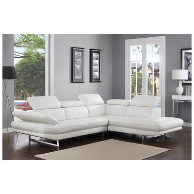 Whiteline Imports Pandora Sectional, Chaise On Right When Facing, White Top Grain Italian Leather, Adjustable Headrests, Stainless Steel Legs. SR1351L-WHT