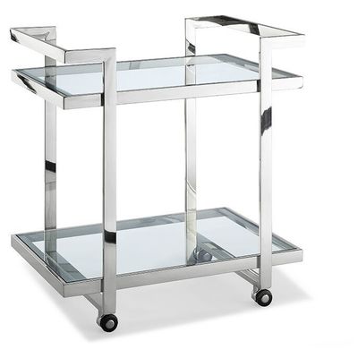 Whiteline Imports Vegas Side Table/ Bar Cart, Clear Glass, Stainless Steel Base On Castors ST1383