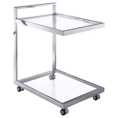 Whiteline Imports Sandra Side Table/ Bar Cart, Clear Glass, Stainless Steel Base On Castors ST1386