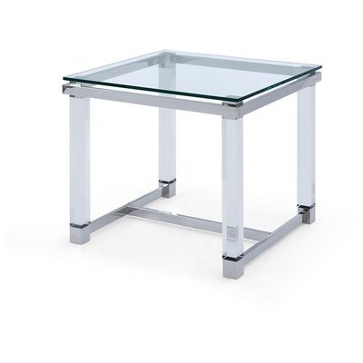 Whiteline Imports Brianna Side Table, 10 Mm Tempered Clear Glass Top, Polished Stainless Steel Frame, Acrylic Legs. ST1456