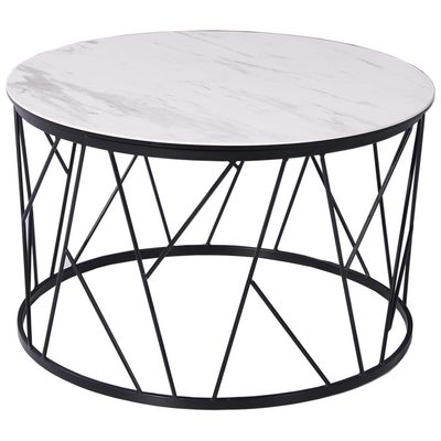 Whiteline Imports Zeus Side Table, 6mm glass + 3mm White Ceramic top, matte Black powder coated iron base ST1629-WHT