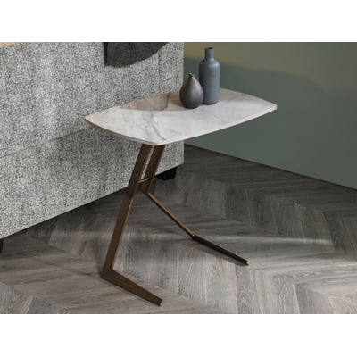 WhiteLine Katy Side Table, Square Top in 12mm White and Grey Ceramic FER-Rebecca Grey, Brushed Bronze Steel Base., 0696576755835, ST1879-LGRY