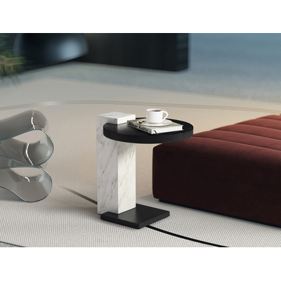 WhiteLine Mabel Side Table, Top and Base in Smoke Oak Veneer EPI-1719-2, White Marble Texture Lacquer Column EPI-ZHB., 0696576756146, ST1899-BLK