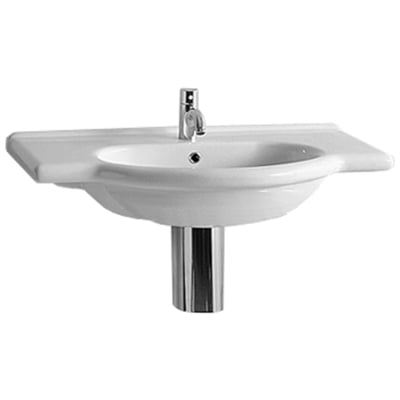 Whitehaus Isabella Collection Wall Mount/semi Recessed Large Vanity Bath Basin With Single Hole Faucet Drilling Integrated Oval Basin And Chrome Overflow In White TOP62-1H