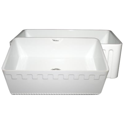 Whitehaus Farmhaus Fireclay Reversible Sink With A Castlehaus Design Front Apron On One Side  And Fluted Front Apron On The Opposite Side In White WHFLATN3018-WHITE