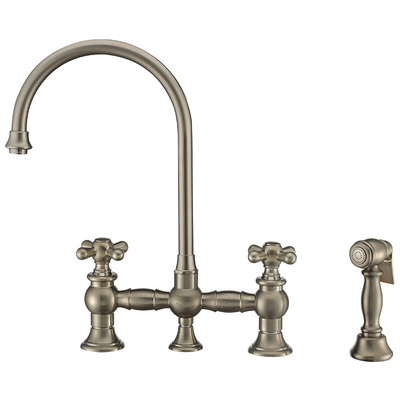 Whitehaus Vintage Iii Plus Bridge Faucet With Long Gooseneck Swivel Spout, Cross Handles And Solid Brass Side Spray In Brushed Nickel WHKBTCR3-9101-NT-BN