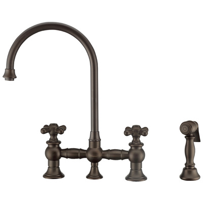 Whitehaus Vintage Iii Plus Bridge Faucet With Long Gooseneck Swivel Spout, Cross Handles And Solid Brass Side Spray In Oil Rubbed Bronze WHKBTCR3-9101-NT-ORB