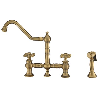 Whitehaus Vintage Iii Plus Bridge Faucet With Long Traditional Swivel Spout, Cross Handles And Solid Brass Side Spray In Antique Brass WHKBTCR3-9201-NT-AB