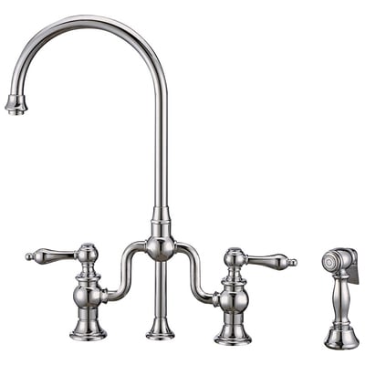 Whitehaus Twisthaus Plus Bridge Faucet With Gooseneck Swivel Spout, Lever Handles And Solid Brass Side Spray In Polished Chrome WHTTSLV3-9773-NT-C